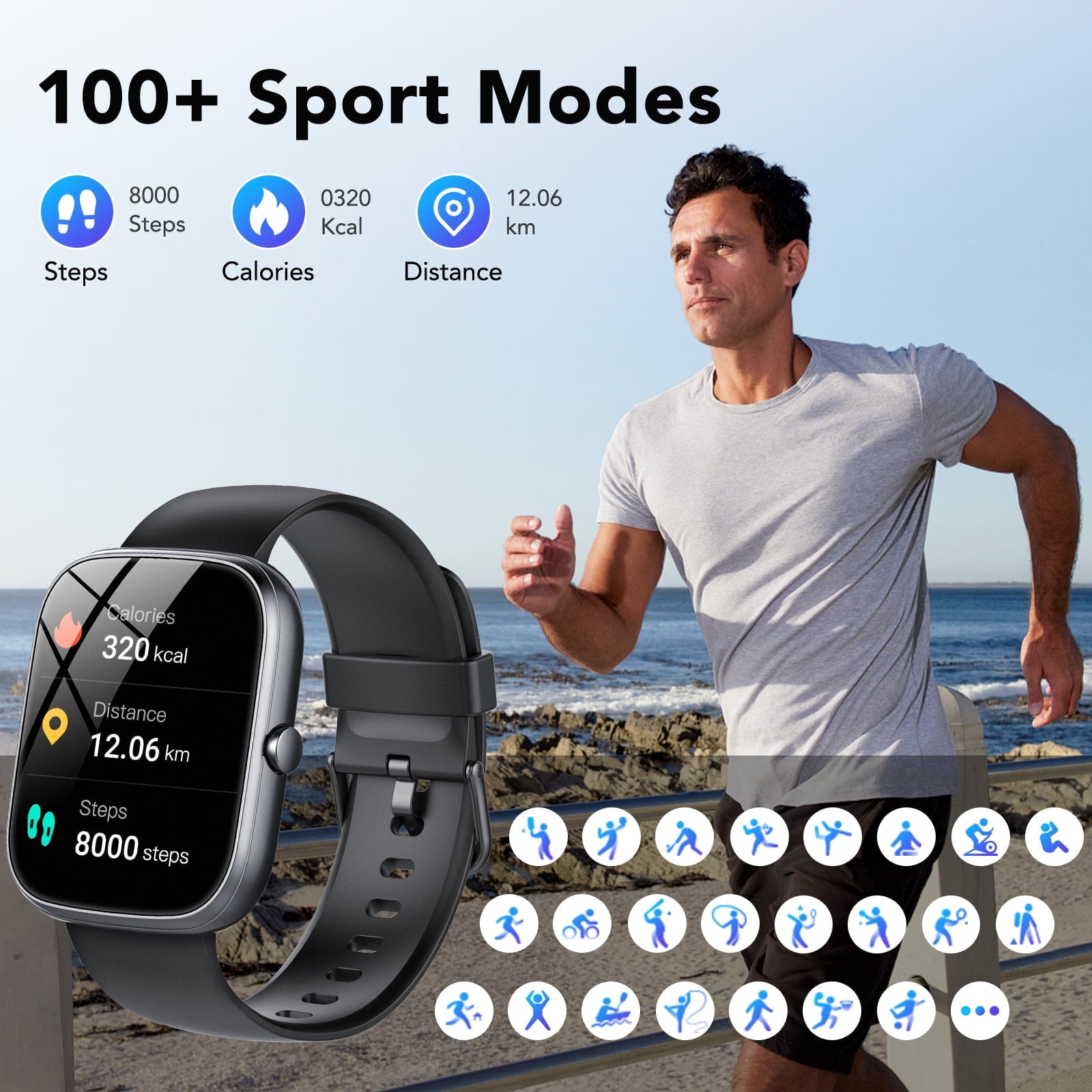 Smart Watch Fits for Android and iPhone, IP68 Waterproof Smartwatch for Women Men 100+ Sports Modes 1.91-inch Fitness Tracker, Smart Watch with Bluetooth Call(Answer/Make Calls), for Gift Black