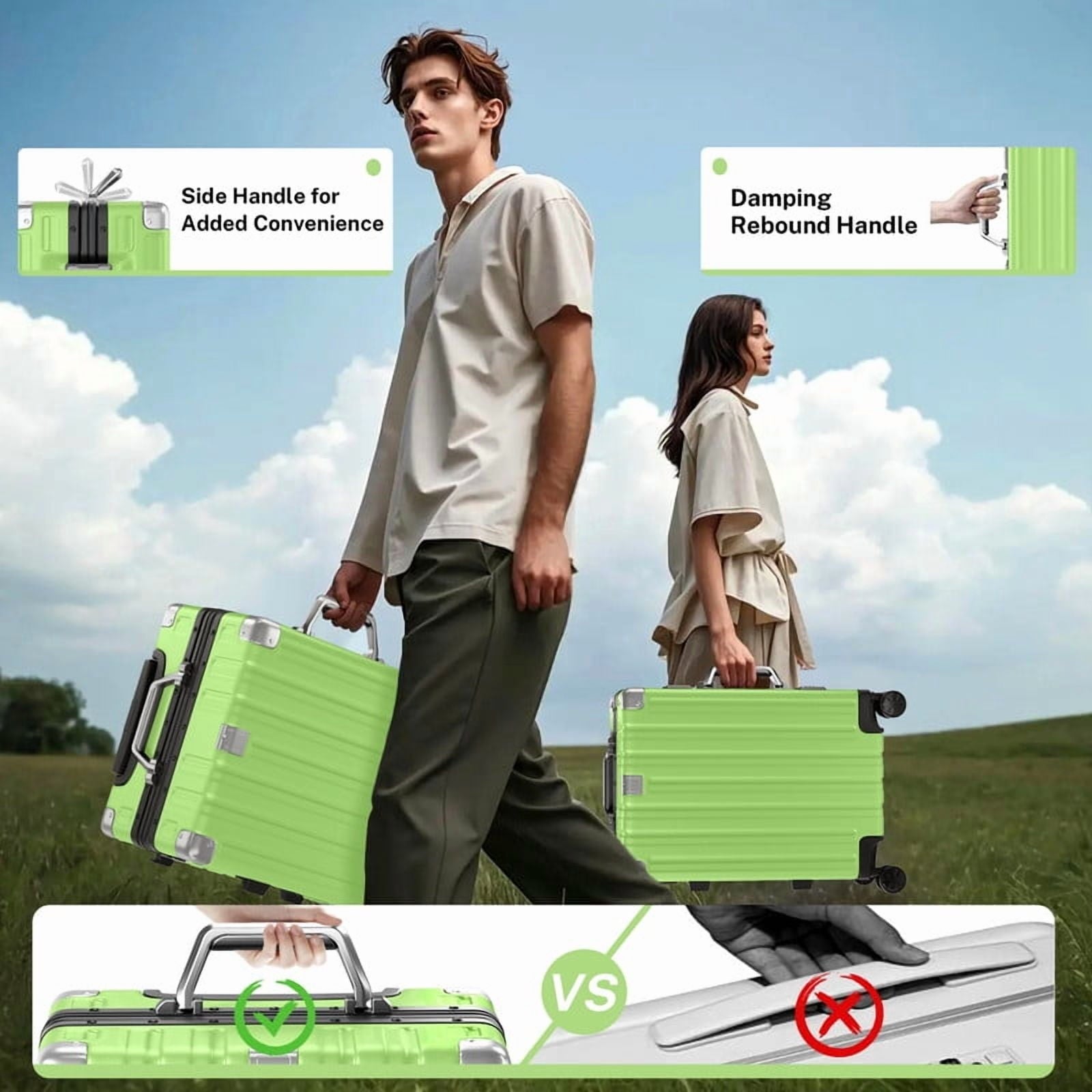 Checked Luggage Aluminum Frame Suitcase with Wheels PC ABS Hardside Zipperless with TSA Lock 28 Inch Green