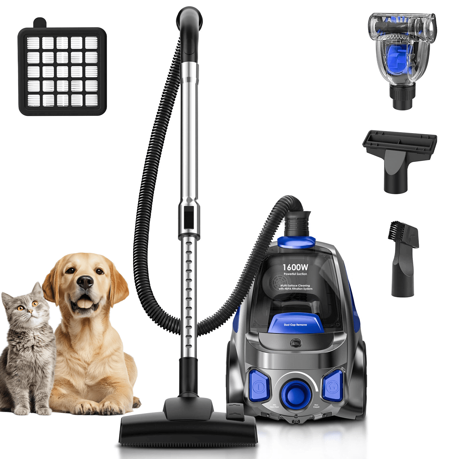 Canister Vacuum Cleaner, 32Kpa 1600W Bagless Vacuum Cleaner, Dust Full Indicator, H13 HEPA Filter, 3.7Qt Large Capacity, Lightweight Vac for Hard Floors, Carpet, Pet, Upholstery, Blue