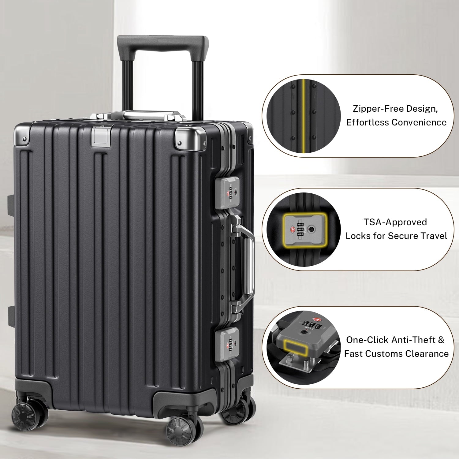 Checked Luggage Aluminum Frame Suitcase with Wheels PC ABS Hardside Zipperless with TSA Lock 28 Inch Black